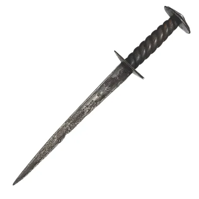 A dagger with a straight, single-edged blade of hollow-wedge section, with small ricasso and disc guard and pommel