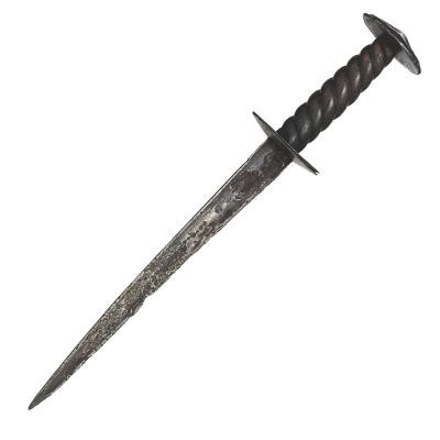 A dagger with a straight, single-edged blade of hollow-wedge section, with small ricasso and disc guard and pommel