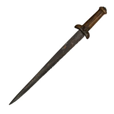 Dagger with long slender blade of diamond section and a single edge and a wooden hilt with globular hilt guard