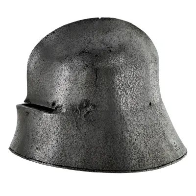 A metal helmet formed of one piece with a single sight, deep brim and short tail 