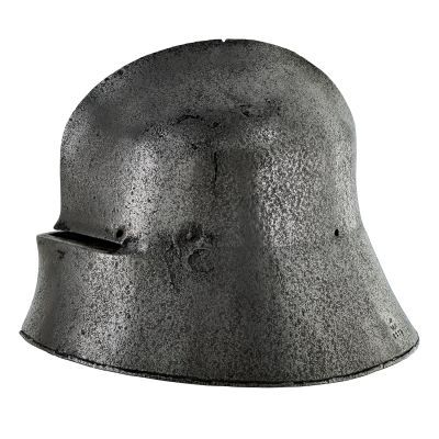 A metal helmet formed of one piece with a single sight, deep brim and short tail 
