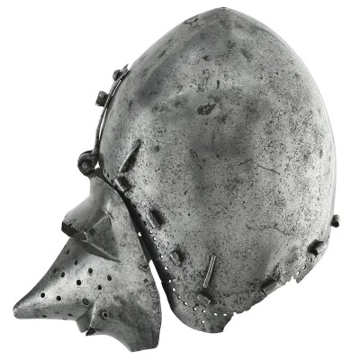 A metal helmet with an egg shaped skull and visor with long snout