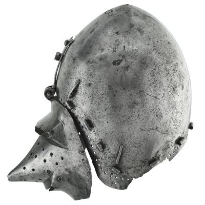 A metal helmet with an egg shaped skull and visor with long snout