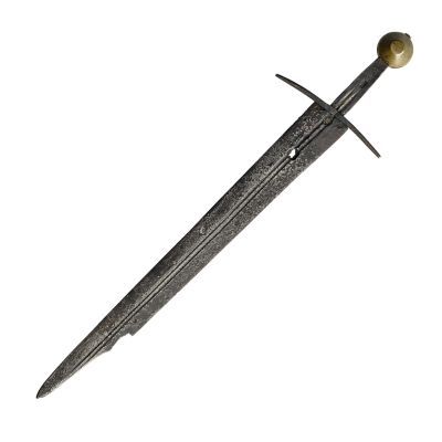A sword with a brass wheel-shaped pommel, a simple cross guard, a broad straight blade cut down to form a clipped point 