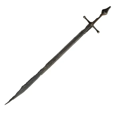 Corroded sword with straight cross guard and pear-shaped pommel and straight single-edged that curves to a point blade