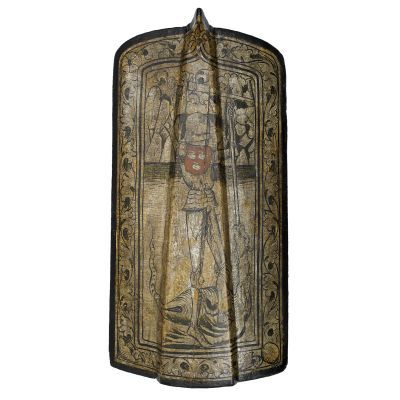 Rectangular wooden shield paintin with figure of St. George and the dragon