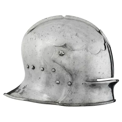 profile view of a helmet with a single piece metal skull deeply flared at the neck with a hinged visor and narrow eye slit