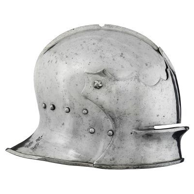 profile view of a helmet with a single piece metal skull deeply flared at the neck with a hinged visor and narrow eye slit