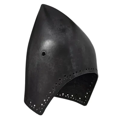 profile view of tall conical helmet with open face holes around edge and hole in side