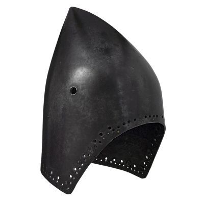 profile view of tall conical helmet with open face holes around edge and hole in side