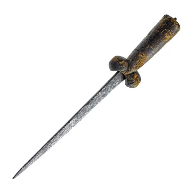 A dagger with a straight, single-edged, triangular section blade with a single piece wooden hilt formed as a cylindrical handle and globular hilt guards