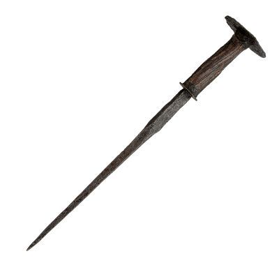 dagger in excavated condition with a pointed but sturdy square section two-stage blade, a small disc-guard and larger disc pommel, and horn grip