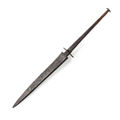 A rondel dagger with triangular section blade and a tapering tang missing the hilt 
