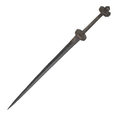 dagger with long slender blade of square section, octagonal disc guard and pommel grips missing