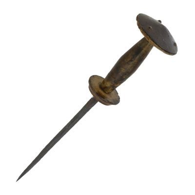 A dagger with stiff square-section blade and wooden hilt with round cross guard and a larger round, domed pommel