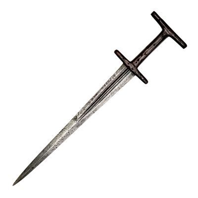 A dagger with a wooden "capital I" shaped hilt and a broad two-edged blade and acute point
