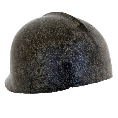 metal helmet wiith round skull a median ridge and flared at hte neck