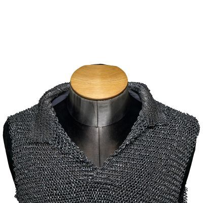 Sleeveless mail vest with collar constructed of interlocking and riveted iron rings