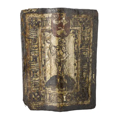 Short rectangular shield painted with image of knight in armour