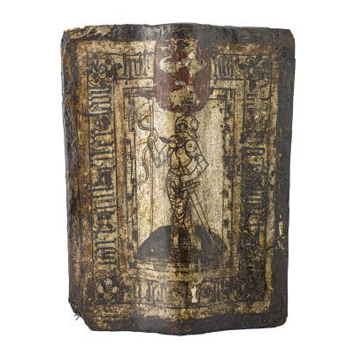 Short rectangular shield painted with image of knight in armour