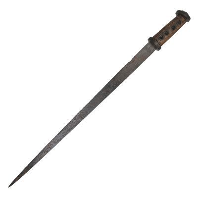 dagger with a long, straight, single-edged blade with a flat back and an acute point, hilt has small round disc guard and pommel with wooden or hirn grips
