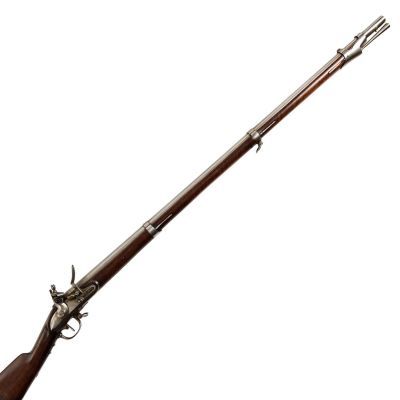 Rounded long barrelled musket retained by three bands with brass foresight and iron buttplate
