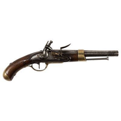 A short barrelled pistol finished in wood, steel, and brass