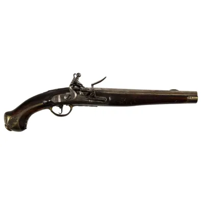 A flintlock pistol in wood and steel with brass trim, including a cap engraved with the cypher of Frederick William II