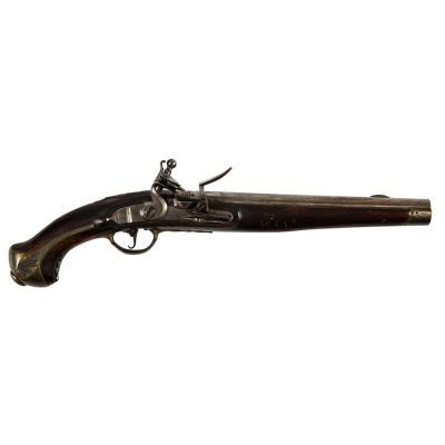 A flintlock pistol in wood and steel with brass trim, including a cap engraved with the cypher of Frederick William II