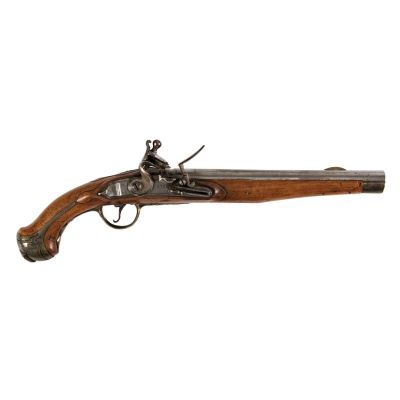 Flintlock pistol finished in wood and steel, with a diamond shaped grip cap engraved with the cypher of Frederick William II.