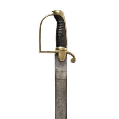 A broad flat blade with simple brass gilt hilt with curved guard and cord wrapped grip