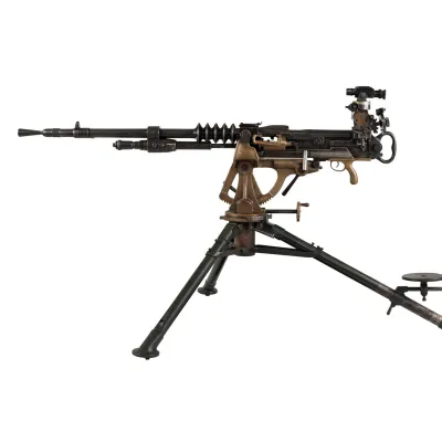 A slim barrelled machine gun mounted on a tripod