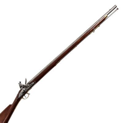 A long barrelled musket finished in wood, iron and brass, with ordnance proof marks stamped