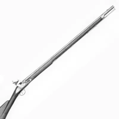 A black and white image of a long barrelled musket with a black barrel, brass trim, and engraving of 'GR V' and crowned crossed sceptres. 