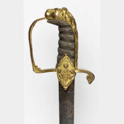 Curved, single-edged blade etched and gilt on either side with Prince of Wales feathers and gilt brass hilt.