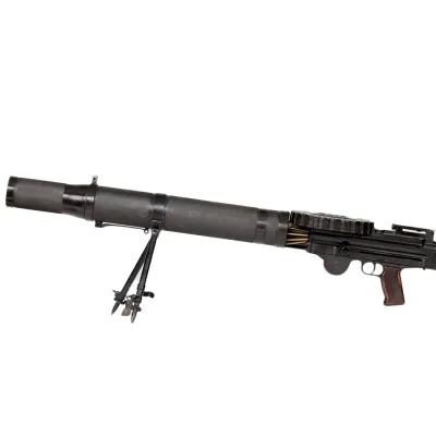 Long barrelled Lewis machine gun in black metal with wooden grip and stock