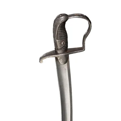 Broad, curved blade with a thick stirrup guard and darkened hilt grip