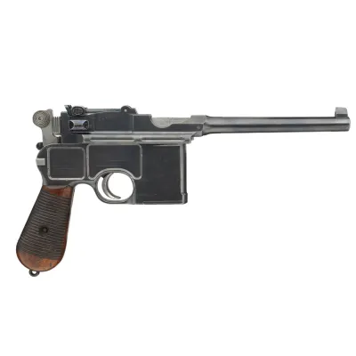 A wooden broom-handled pistol with a metallic body and long barrel