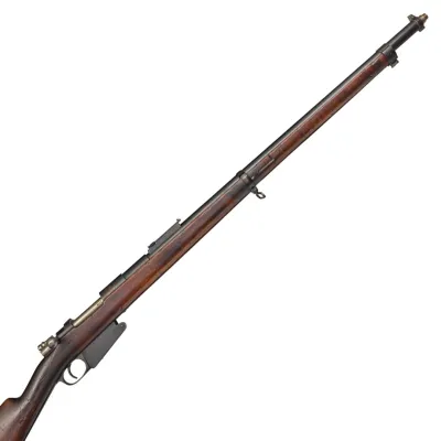 A long barrelled rifle in dark metal and wood finish