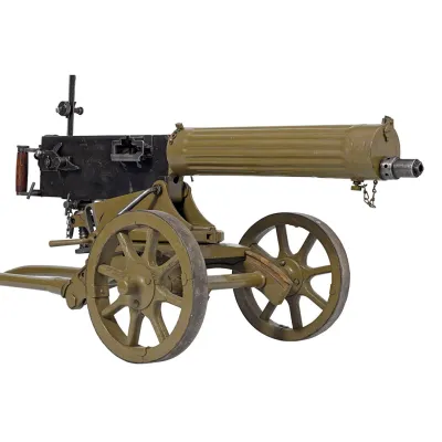 A khaki green maxim machine gun mounted on a wheel carriage/mount with a raised reticule