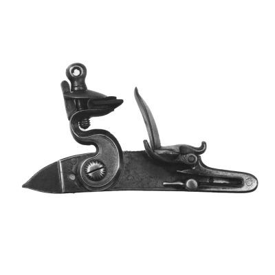 A detached lock from a flintlock carbine, completely of steel