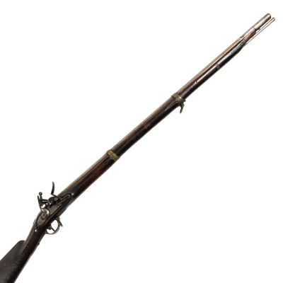 A long barrelled musket with three brass bands around the barrel, finished in wood and iron.