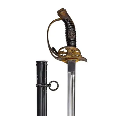 An officer's sword, decorated in black and gold coloured metal around the single band guard - with a black metal scabbard