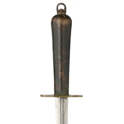 A dulled metallic knife with a short, rounded wooden hilt and simple crossguard