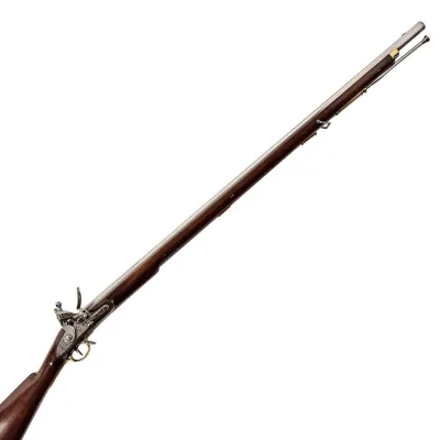 A long barrelled musket with the barrel stamped at the breech with a government proof mark and a '5' engraved on the buttplate.