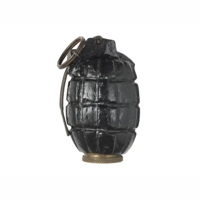 A cylinder bulging in the middle, painted in green, with a segmented skin and pin in the top.