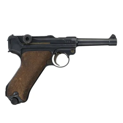 A wooden handled pistol grip on a slim black metallic pistol mechanism