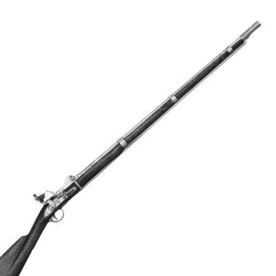 A monochrome image of a flintlock carbine, with a long, banded barrel, completed in wood and steel