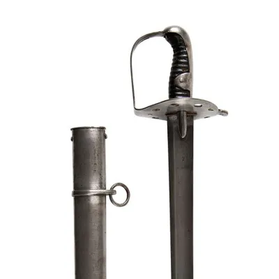 Steel hilt with straight stirrup guard and broad single-edged blade and wooden grip bound with cord.