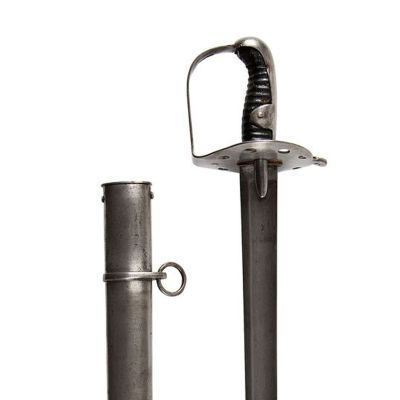Steel hilt with straight stirrup guard and broad single-edged blade and wooden grip bound with cord.